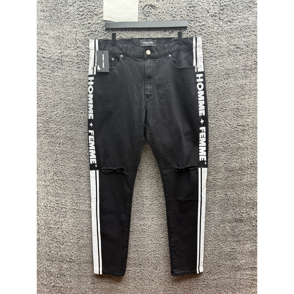 NWT Homme + Femme Side Stripe Tapered Distressed Denim Jeans Black Mens Size 40